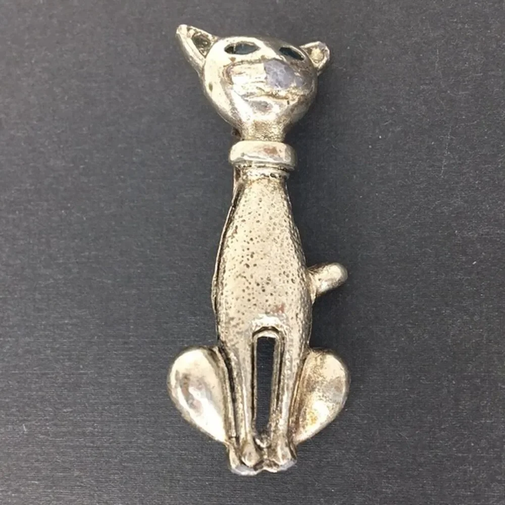 Vtg 1980's Cat Brooch Silver Tone Whimsical Grandmother Cottage Core‎ Pin